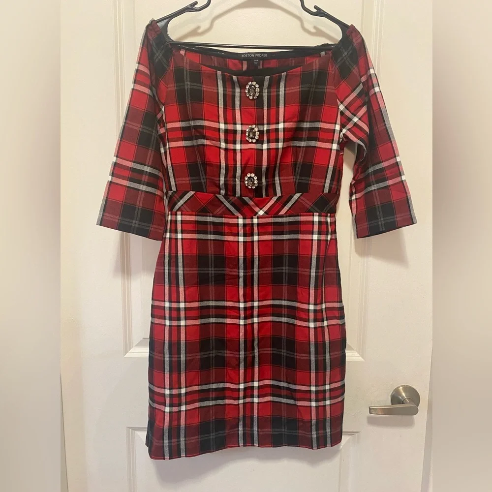 Boston Proper Red and Black Plaid Long Sleeve Dress - Picture 1 of 7